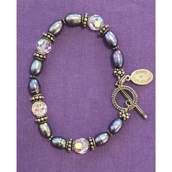 Elena Arellano Signed Bracelet Sterling Silver Peacock Pearl AB Crystal Beads - Picture 1 of 8